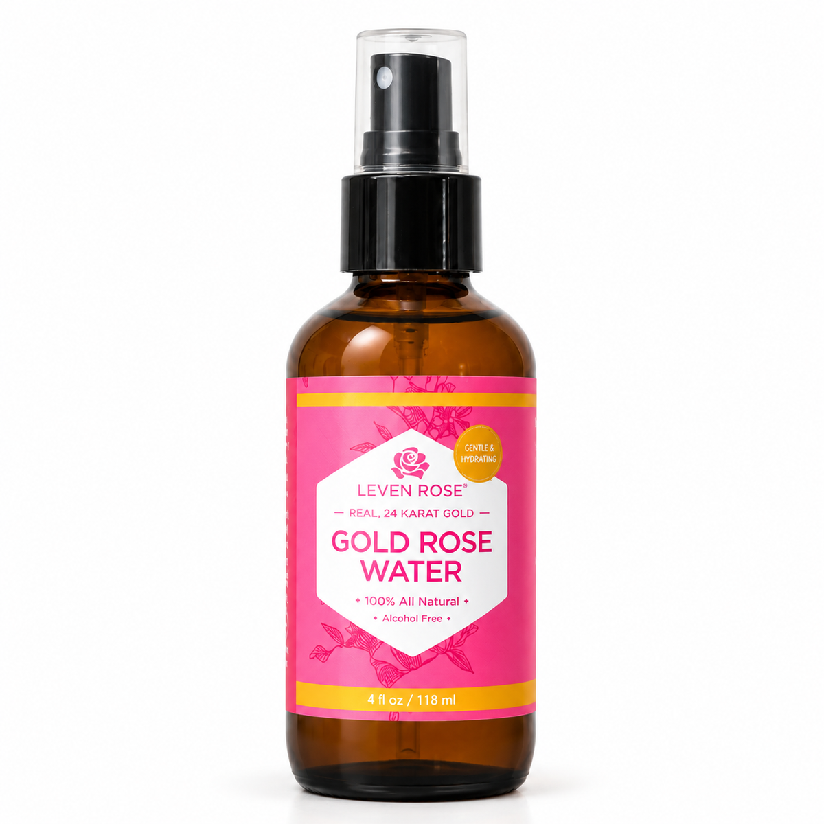 bottle of gold rose water toner with pink label and gold accents
