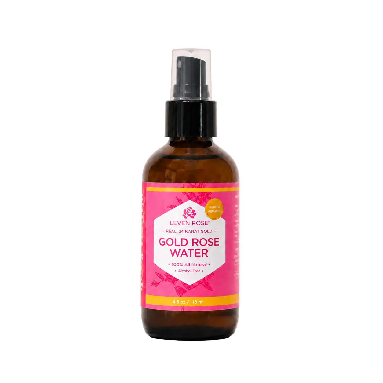 Bottle of Leven Rose Gold Rose Water on a beige background