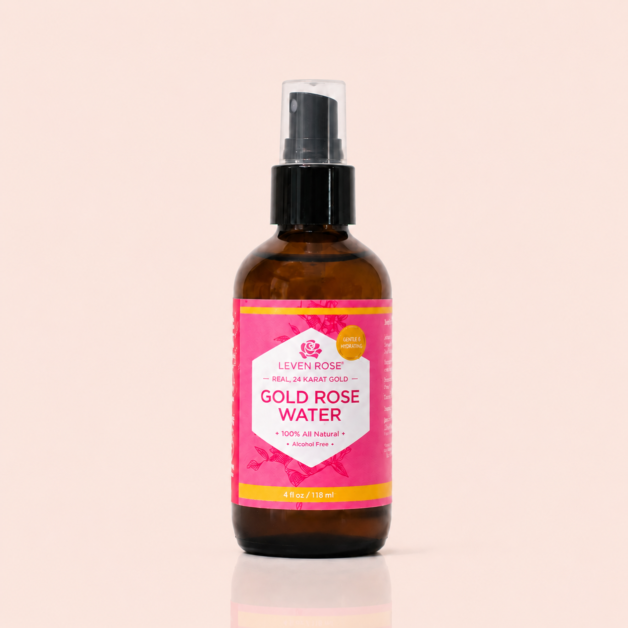 Bottle of Leven Rose Gold Rose Water on a beige background