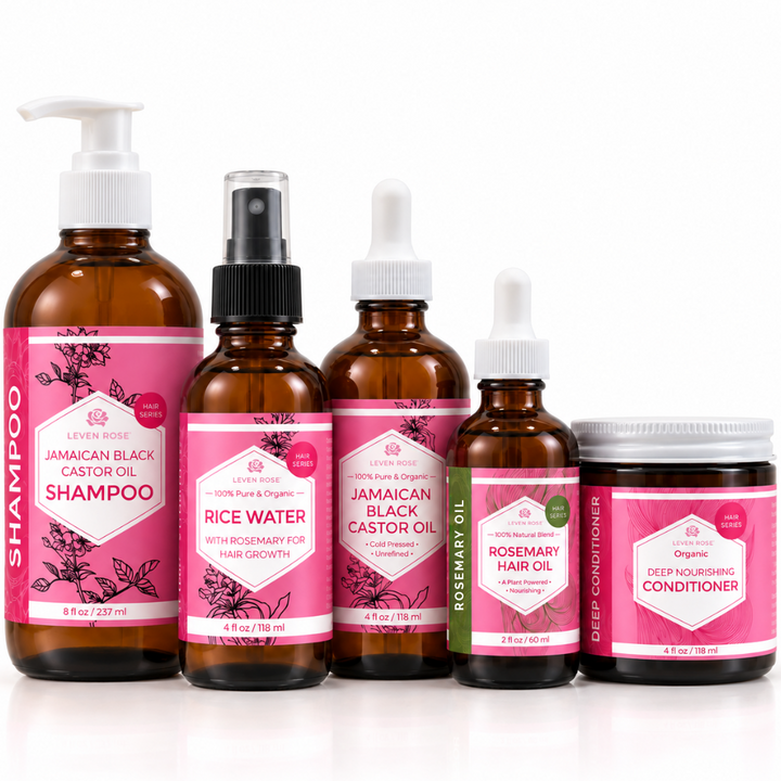 A five-piece hair care set from Leven Rose, including shampoo, rice water, Jamaican black castor oil, rosemary hair oil, and deep nourishing conditioner, arranged in ascending size order on a white background.