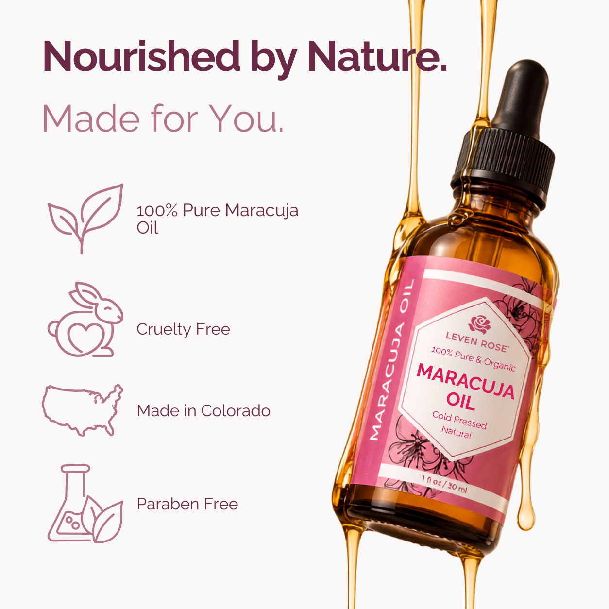 A bottle of Levon Rose Marajuca Oil with a pink label and black dropper cap, shown on a light background with gold oil dripping around it. Text on the left highlights 100% pure marajuca oil, cruelty free, made in Colorado, and paraben free.