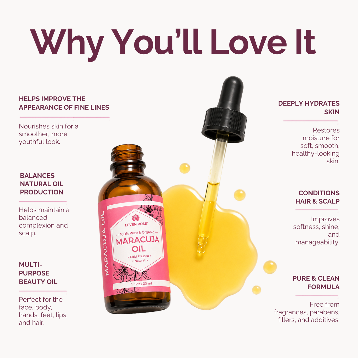 A bottle of Leven Rose Maracuja Oil with a dropper, surrounded by golden oil droplets on a light beige background with marketing text highlighting benefits for skin and hair.