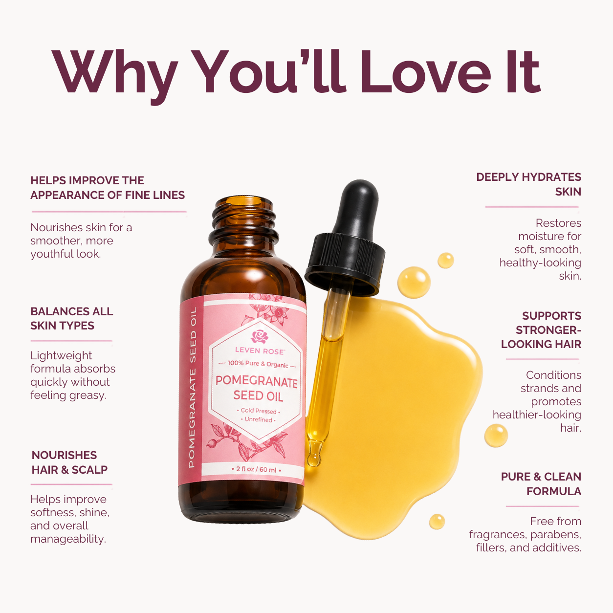 A bottle of Leven Rose Pomegranate Seed Oil with a dropper, surrounded by marketing text on a light gray background. The bottle has a pink label and is positioned next to a large droplet of the oil.