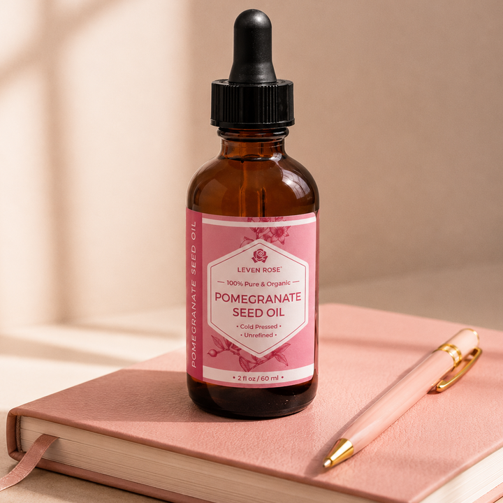 A bottle of Levén Rose Pomegranate Seed Oil resting on a pink notebook with a matching pink pen, set against a warm beige background with soft window shadow details.
