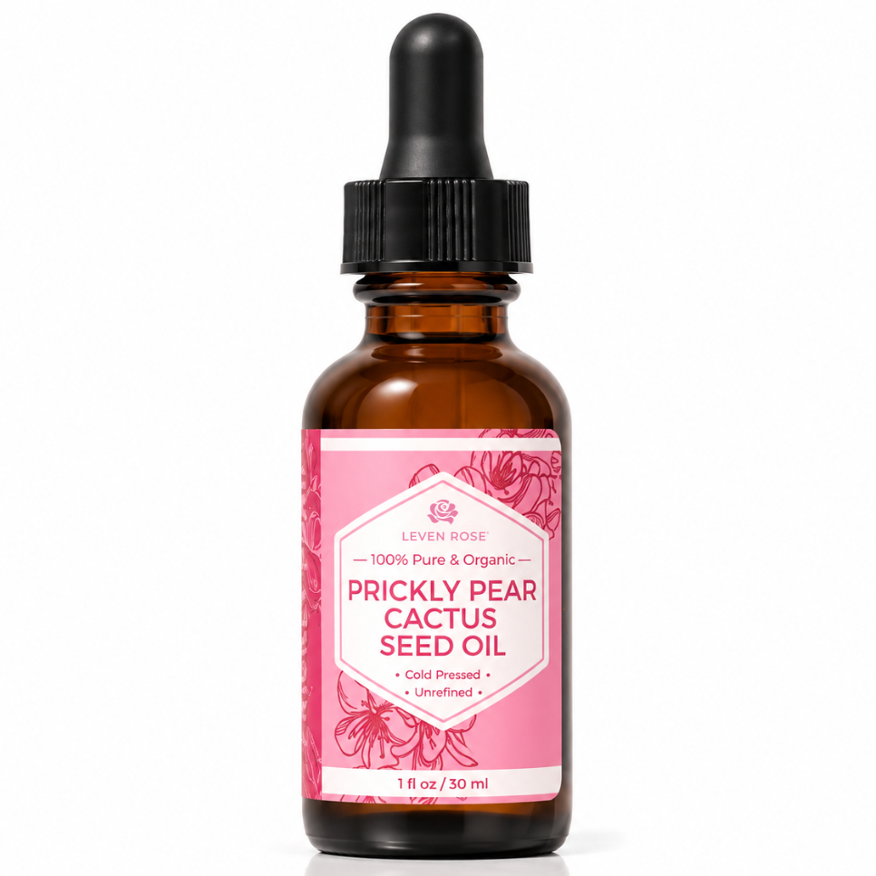 bottle of prickly pear cactus seed oil with a pink label, 1 oz
