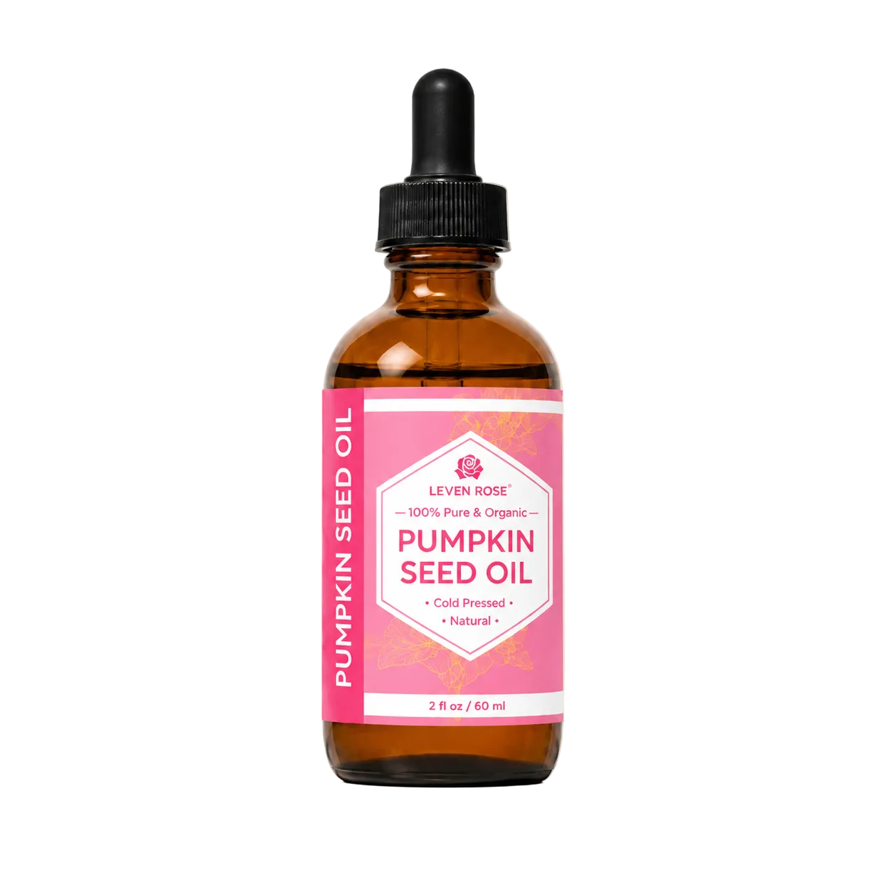 An amber glass dropper bottle of Leven Rose Pumpkin Seed Oil with a pink label and black dropper cap, centered on a light beige background.