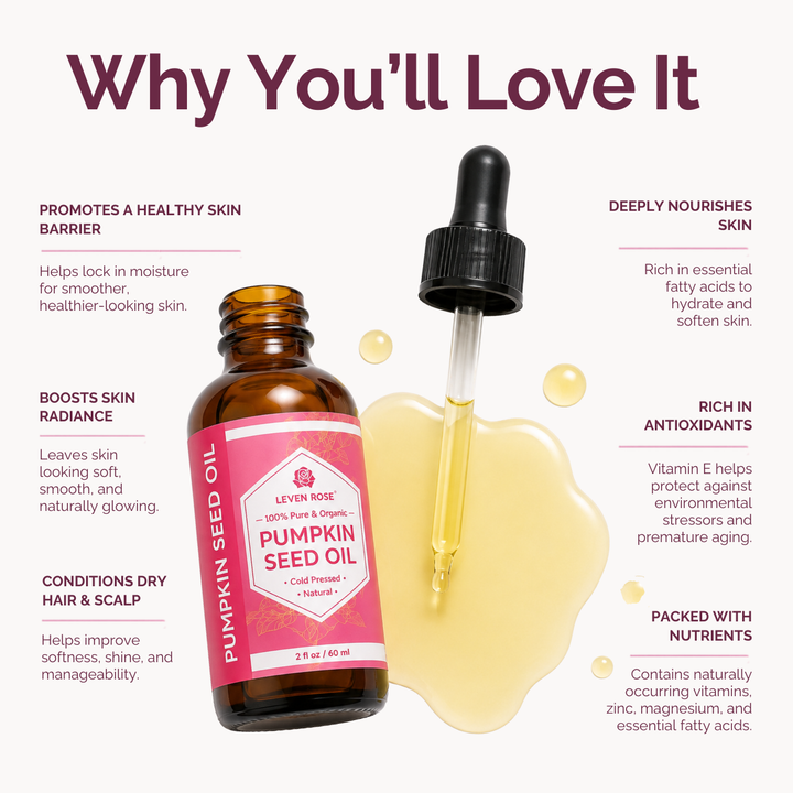 A bottle of Leven Rose Pumpkin Seed Oil with a dropper and a yellow oil spill on a white background, surrounded by marketing text highlighting skin and hair benefits.