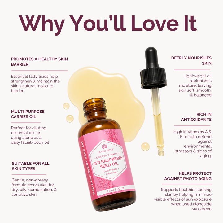 A promotional graphic for Leven Rose Red Raspberry Seed Oil. The image features an amber glass dropper bottle with a pink label, a floating dropper, and a large droplet of oil, surrounded by text callouts explaining the benefits of the oil on skin barrier, hydration, and antioxidant protection.