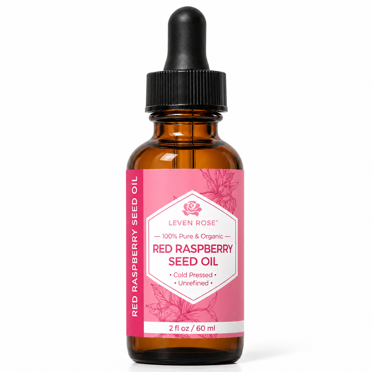 image of red raspberry seed oil bottle with pink and white label