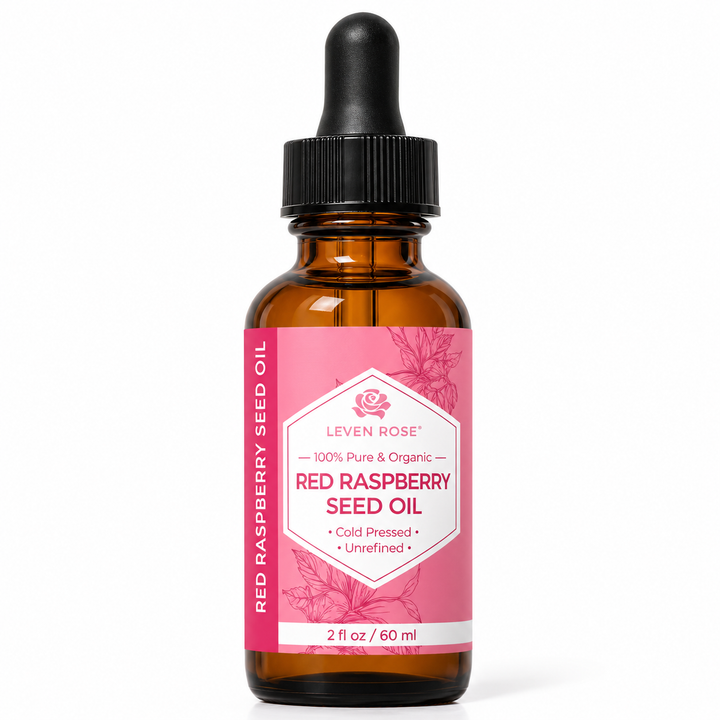 image of red raspberry seed oil bottle with pink and white label