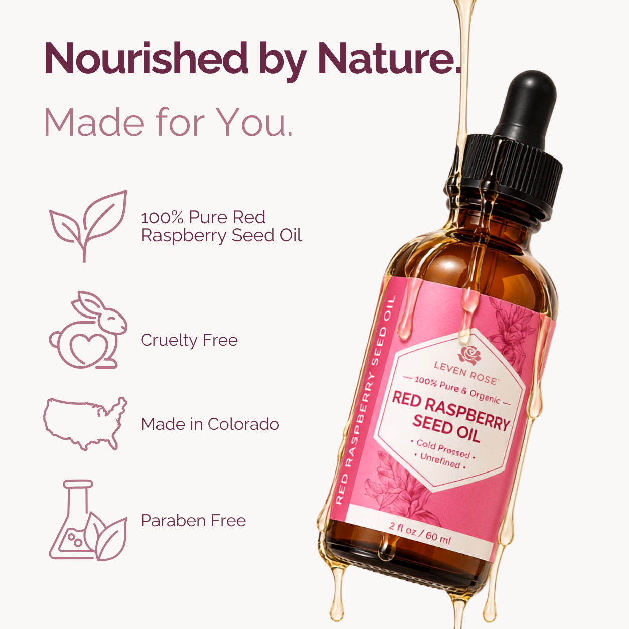 A bottle of red raspberry seed oil with a pink label and dropper cap, shown on a light background with promotional text and icons. The bottle has amber liquid inside and decorative golden oil dripping around it.