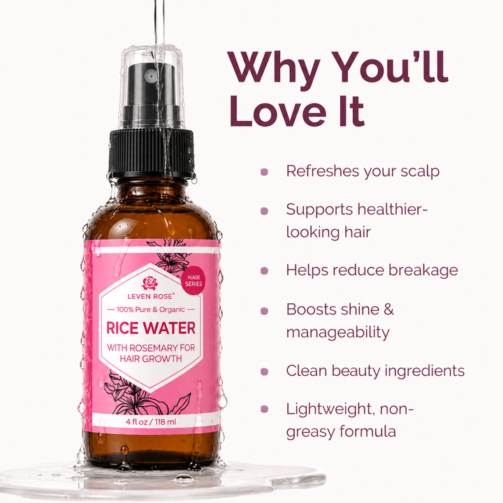 An amber glass bottle of Leven Rose Rice Water hair growth spray with a pink label and black spray cap, shown on a white background with marketing text listing benefits.
