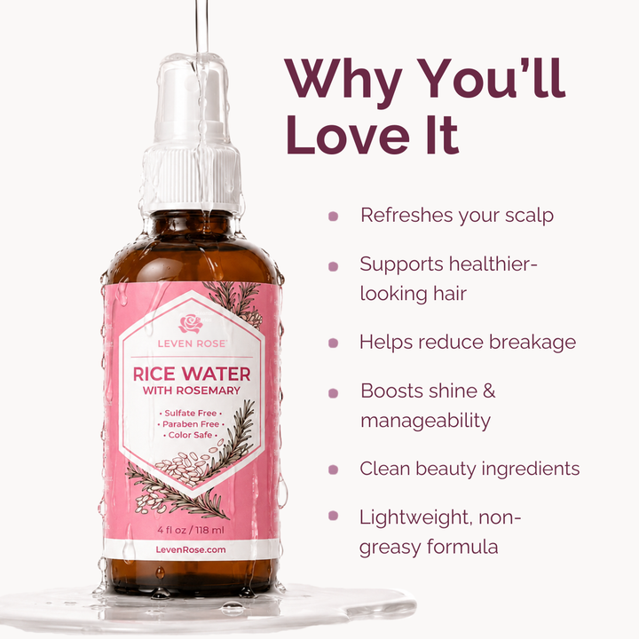 An amber glass bottle of Leven Rose Rice Water with Rosemary spray, shown with a pink label and white cap on a light background, alongside marketing text listing benefits.