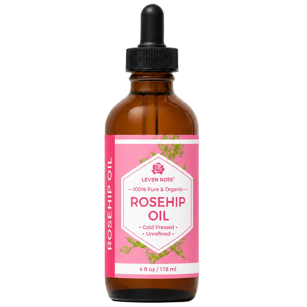 Bottle of Leven Rose Rosehip Oil on a beige background