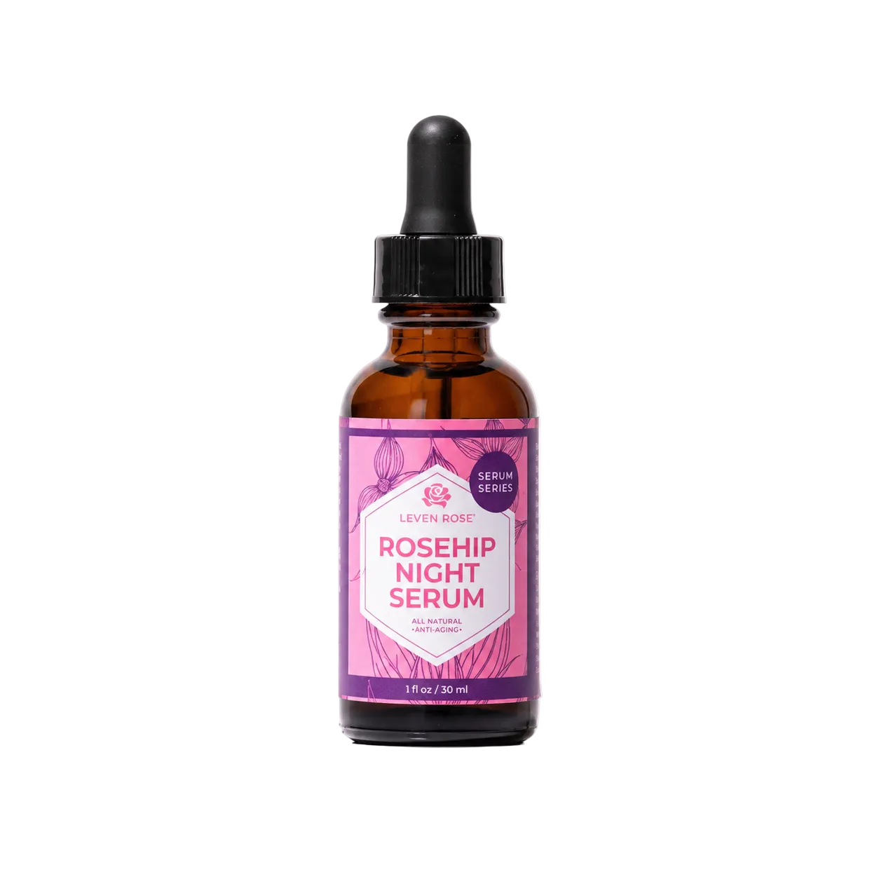 Rosehip night serum bottle with pink label on a white background