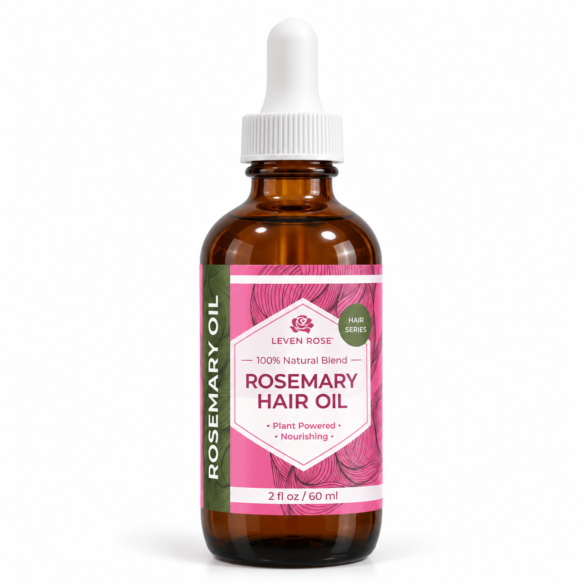 image of rosemary hair bottle with pink label and white nozzle