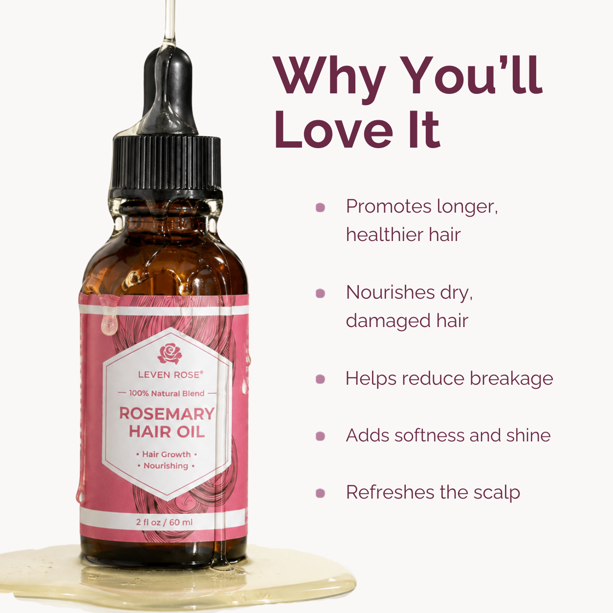 An amber glass dropper bottle of Leven Rose Rosemary Hair Oil with a pink label, shown on a light background with marketing text listing benefits for hair health.