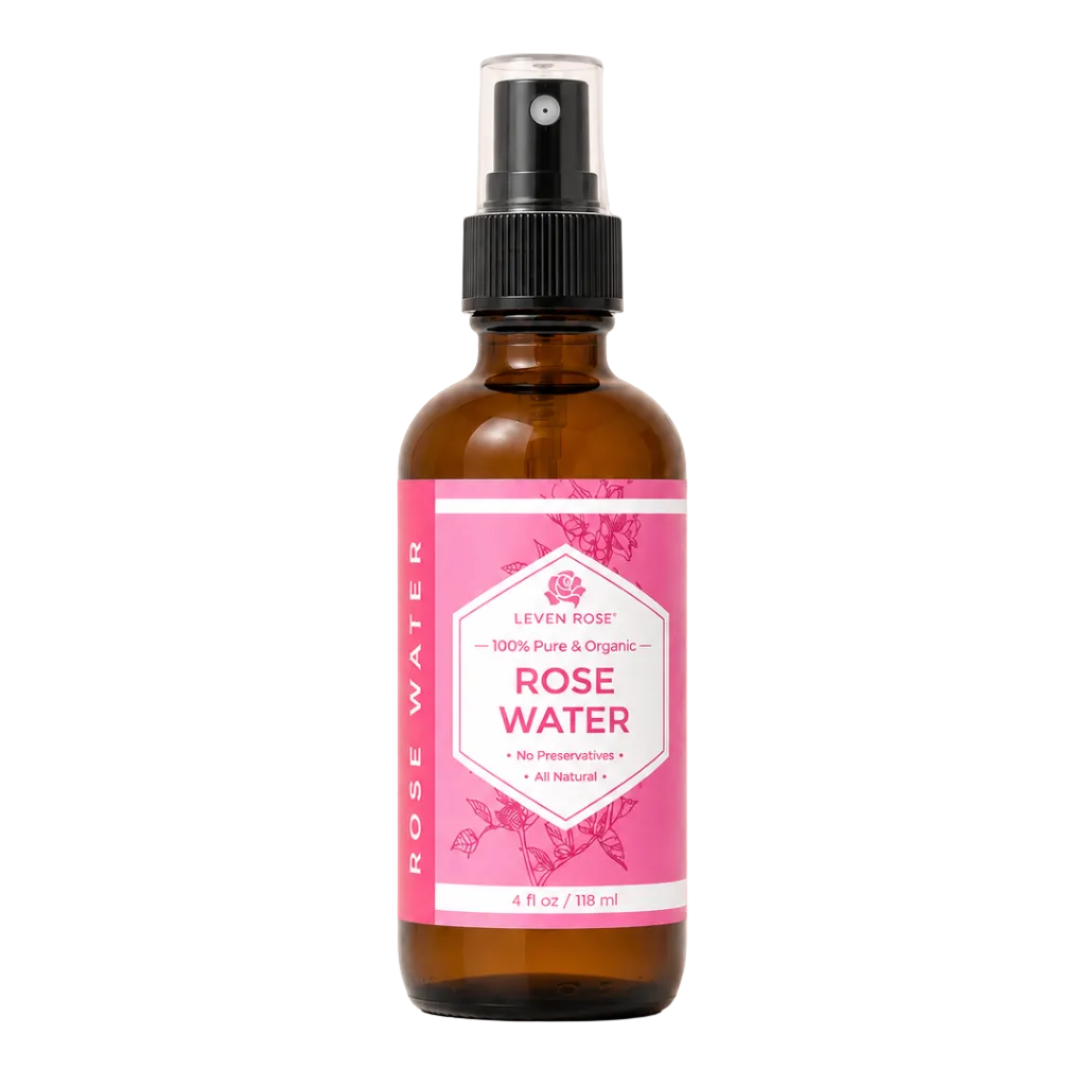 Bottle of rose water with a pink label on a beige background