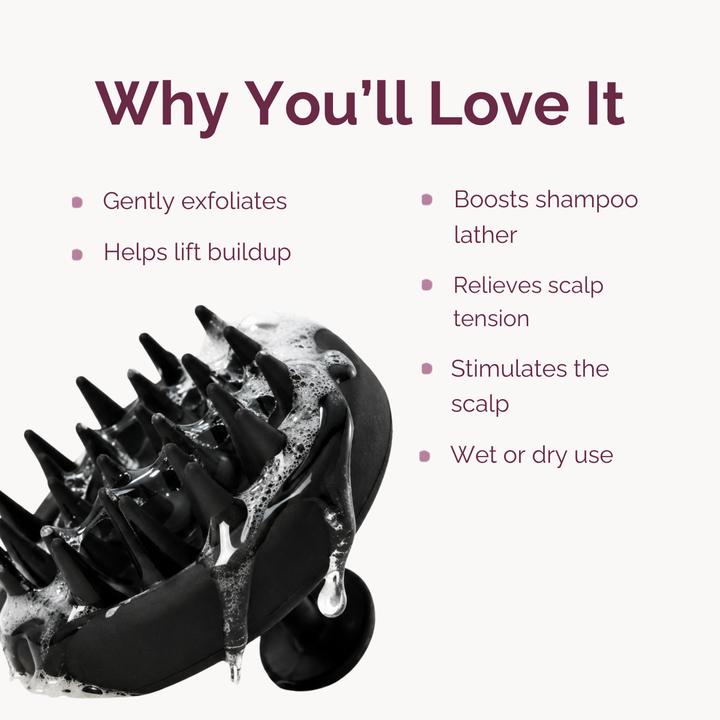 Promotional graphic for a black scalp massager, showing a close-up of the silicone brush with soap lather and text reading 'Why You'll Love It' with bullet points about scalp benefits.