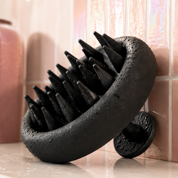 Black silicone scalp massager brush with textured silicone bristles and a suction cup base, resting on a bathroom counter against pink tiled walls.