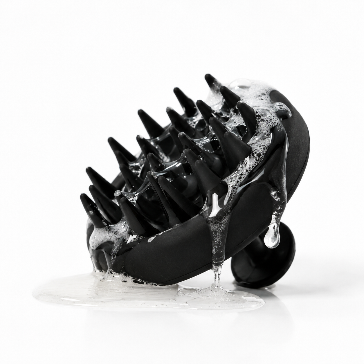 A black silicone scalp massager with multiple sharp silicone spikes, shown with white foam and clear liquid droplets on a white background.