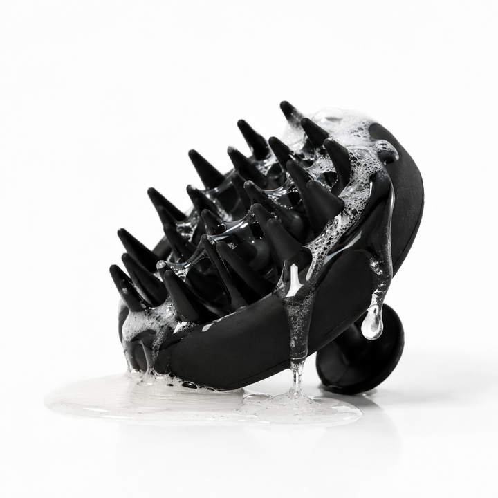 A black silicone scalp massager with multiple sharp silicone spikes, shown with white foam and clear liquid droplets on a white background.
