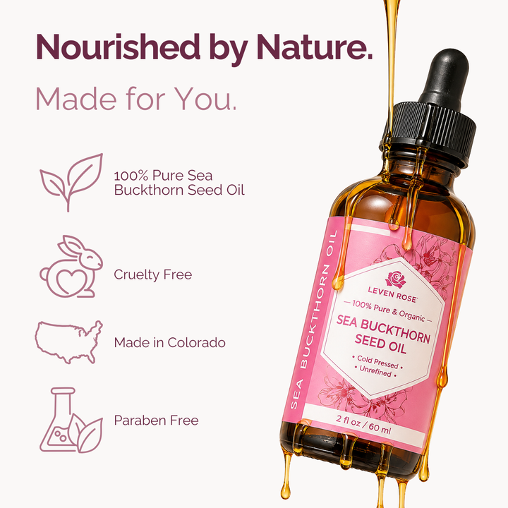 A bottle of sea buckthorn seed oil with a pink label and dropper cap, shown on a light background with promotional text and icons for pure sea buckthorn oil, cruelty free, made in Colorado, and paraben free. Leven Rose branding is visible on the label.
