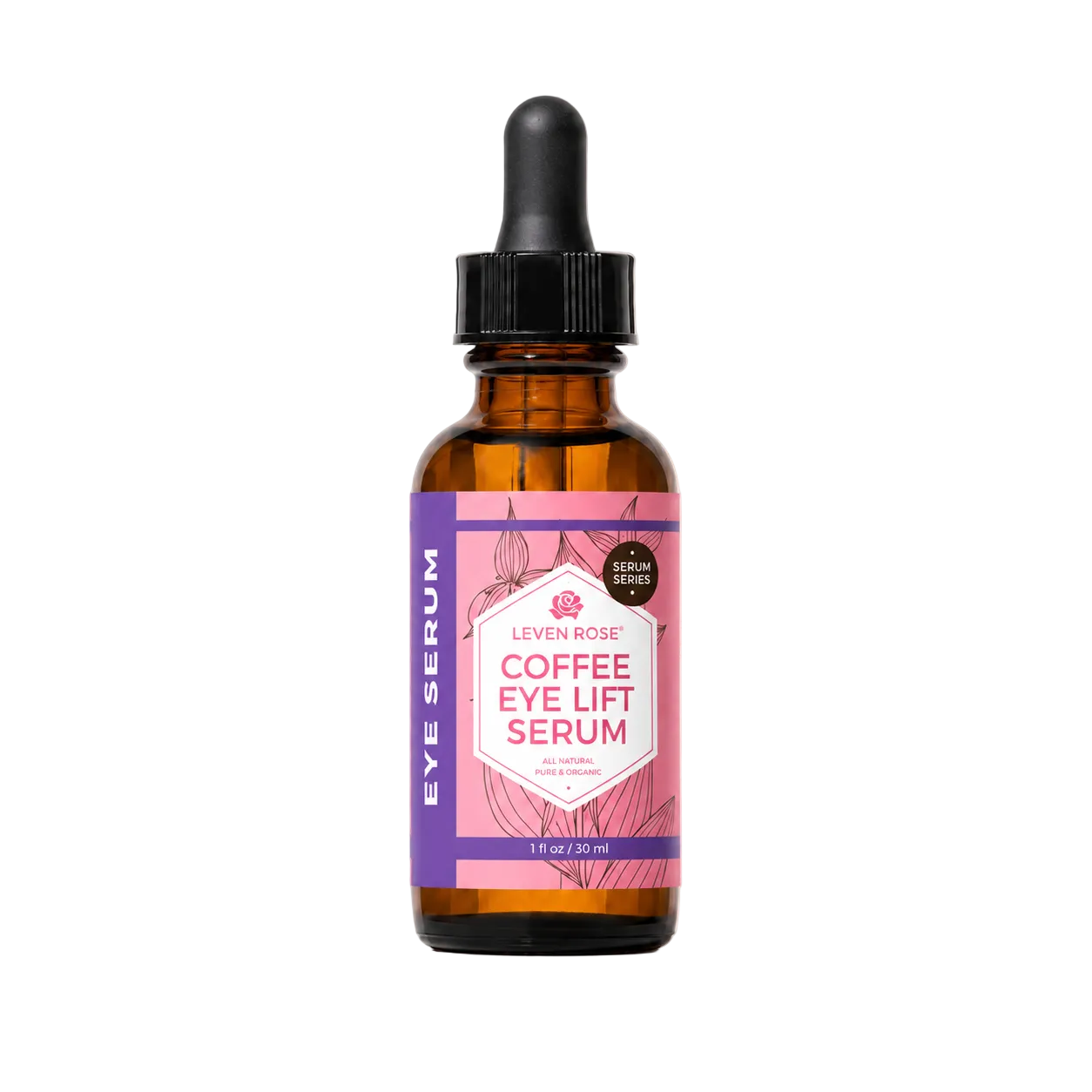 Brown glass bottle with a pink label on a beige background