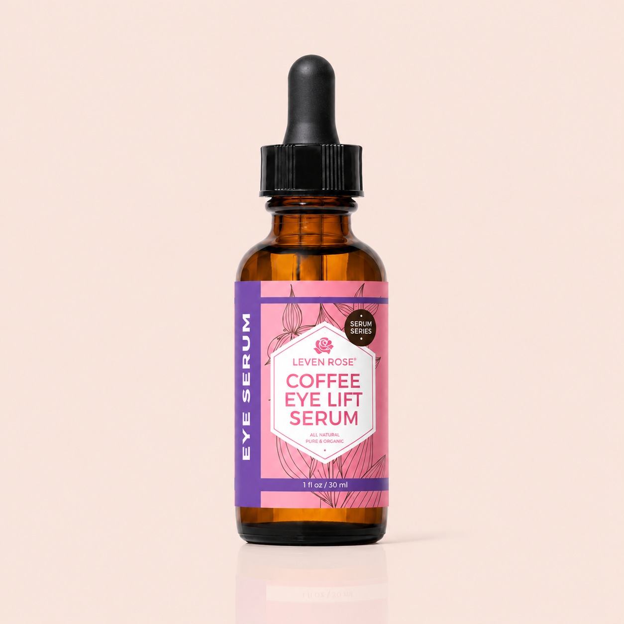 Brown glass bottle with a pink label on a beige background