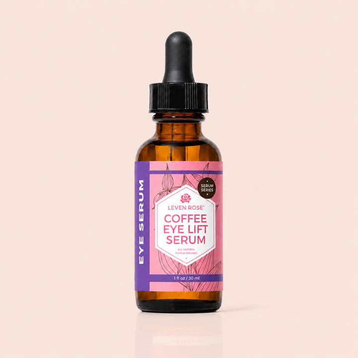 Brown glass bottle with a pink label on a beige background