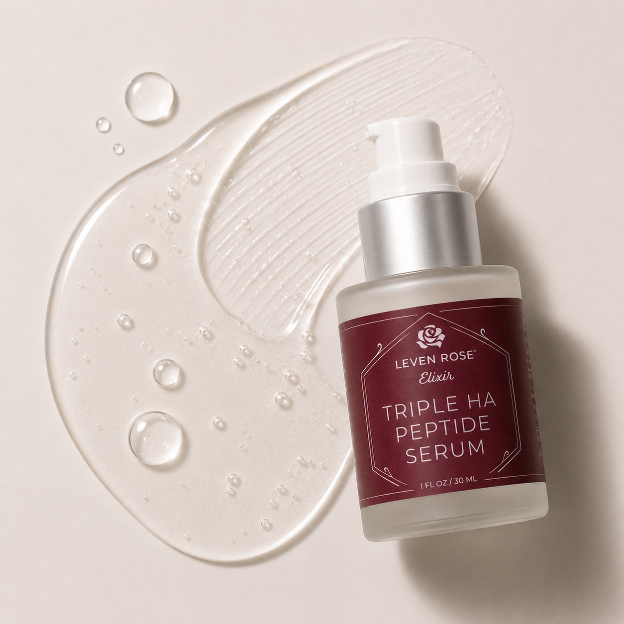 Triple HA serum laying flat with the product spilled all around it - clear liquid