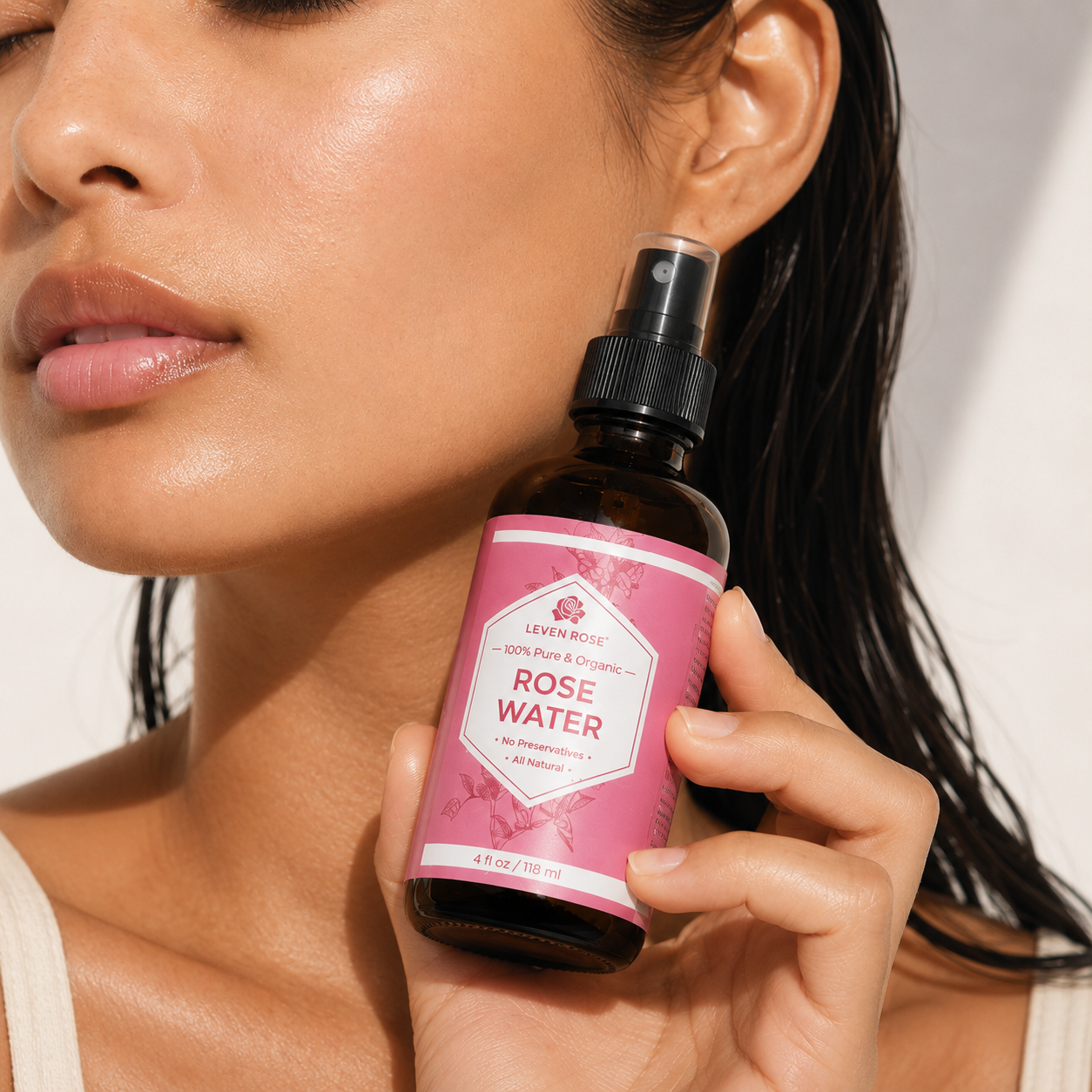 A woman holds a small amber bottle of LE ROSE ROSE 100% Pure Alcoholic Rose Water spray against a bright white background.