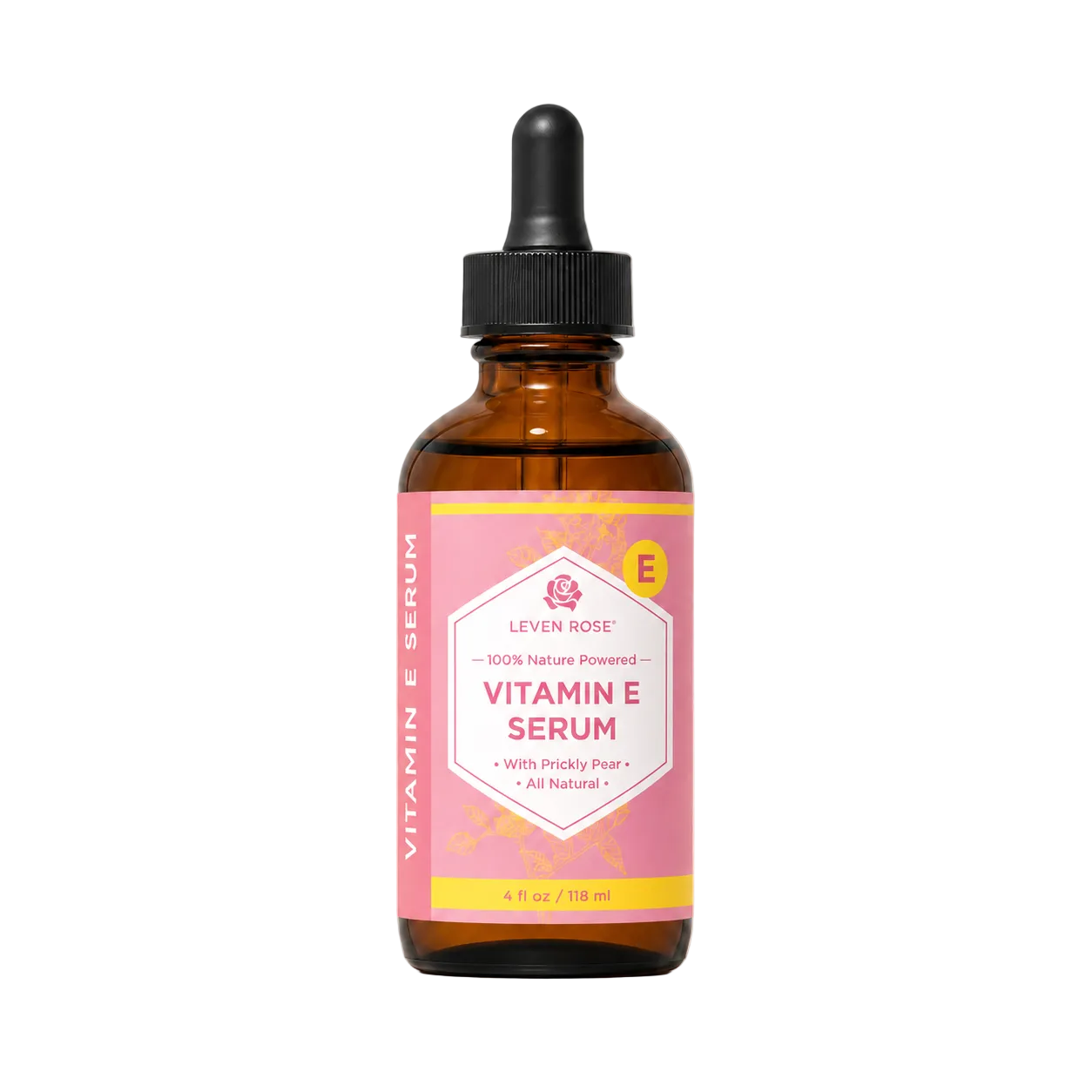 Vitamin E serum bottle with pink label on a beige background