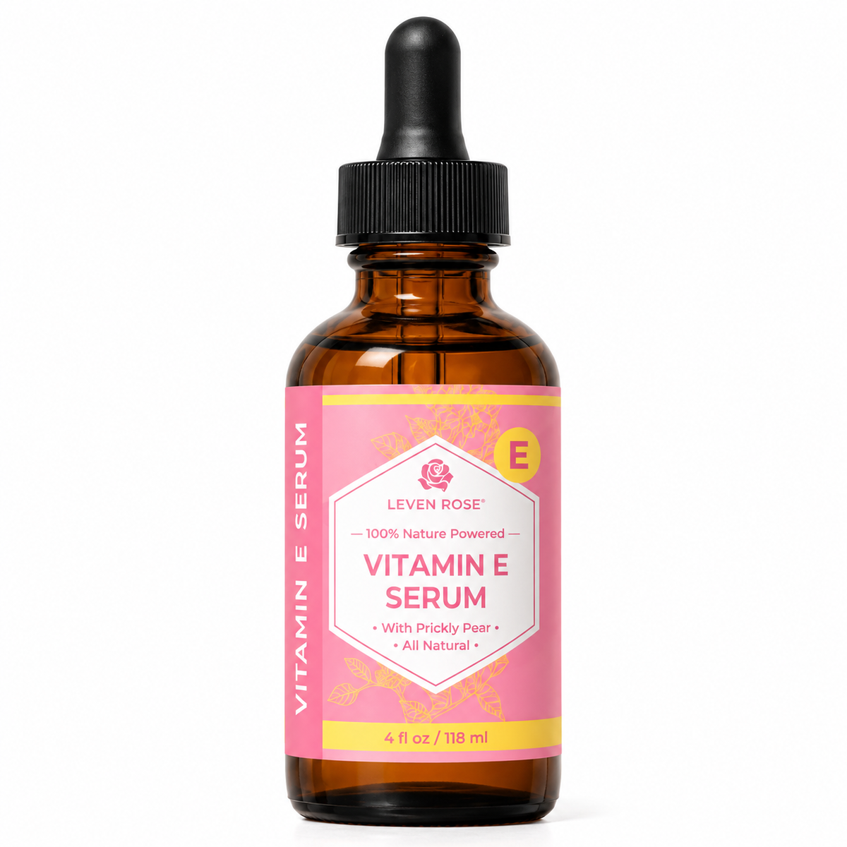 bottle of vitamin e serum with pink and yellow label