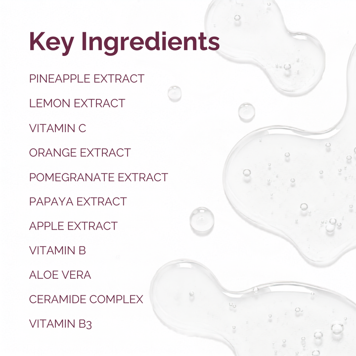A white informational graphic titled 'Key Ingredients' listing pineapple extract, lemon extract, vitamin C, orange extract, pomegranate extract, papaya extract, apple extract, vitamin B, aloe vera, ceramide complex, and vitamin B3, with translucent glossy liquid shapes on the right side.