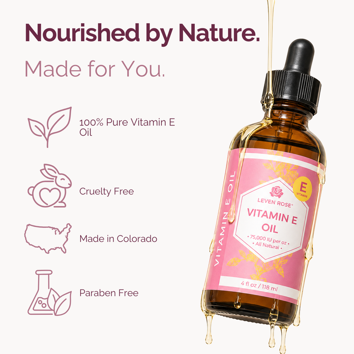 vitamin e graphic with details about the product; pure vitamin e oil, cruelty free, made in colorado, paraben free 