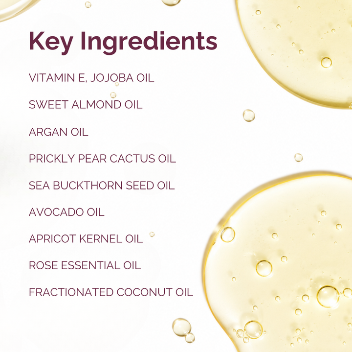 A white informational graphic with the heading 'Key Ingredients' and a list of ingredients including vitamin E jojoba oil, sweet almond oil, argan oil, prickly pear cactus oil, sea buckthorn seed oil, avocado oil, apricot kernel oil, rose essential oil, and fractionated coconut oil. Decorative translucent oil droplets appear in the background.