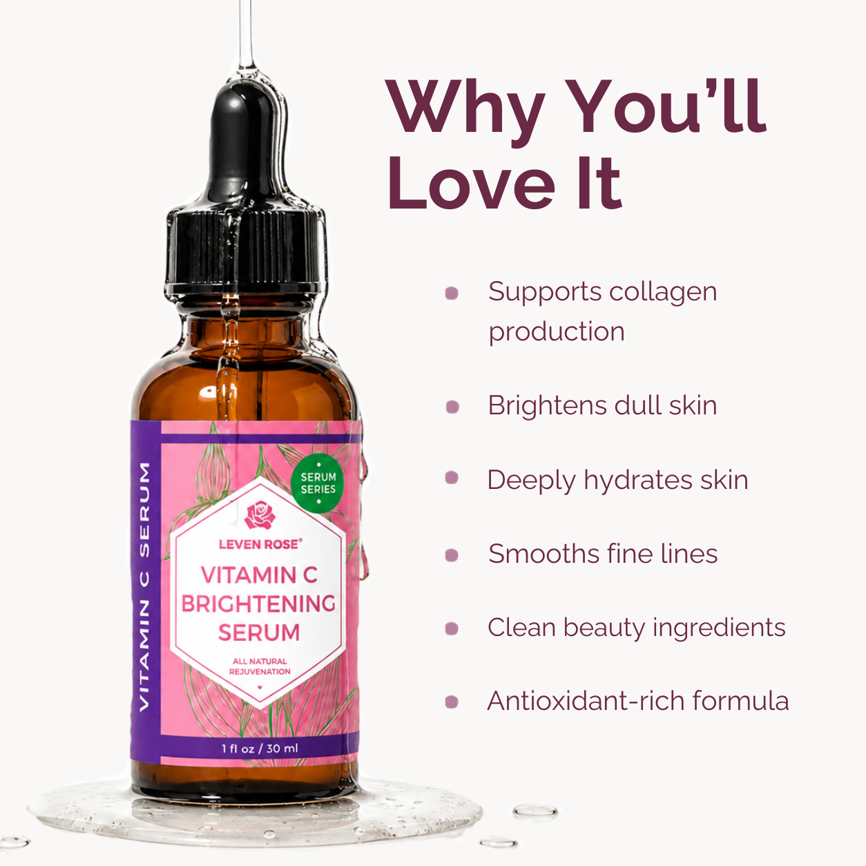 picture of the vitamin c serum with benefits written out with bullets next to it; benefits are supports collagen production, brightens dull skin, deeply hydrates, smooths fine lines, clean beauty ingredients, antioxidant-rich formulas 
