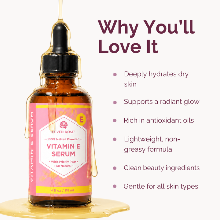 An amber glass dropper bottle of Leven Rose Vitamin E Serum with a pink label, shown on a light background with text reading 'Why You'll Love It' and bullet points about benefits.