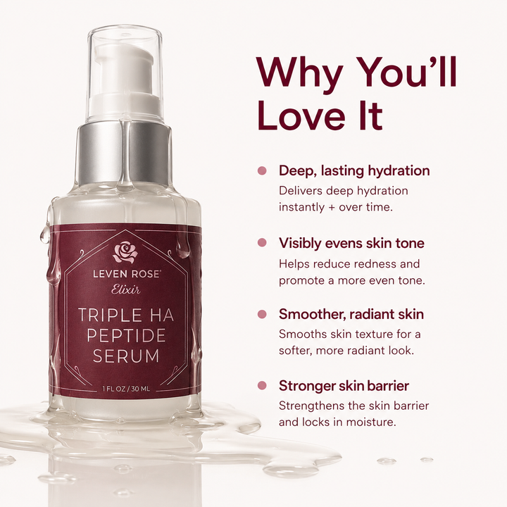 Leven Rose Bliss Triple HA Peptide Serum bottle on a white background with a liquid splash at the base, alongside marketing text reading 'Why You'll Love It' and bullet points about hydration, skin tone, smoother radiant skin, and stronger skin barrier.