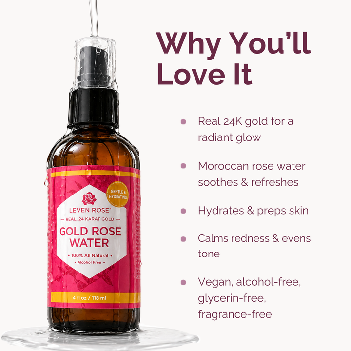A bottle of Leven Rose Gold Rose Water spray on a white background with marketing text reading 'Why You'll Love It' and bullet points about gold rose water benefits. The bottle is amber glass with a black spray top and a pink label with gold accents.