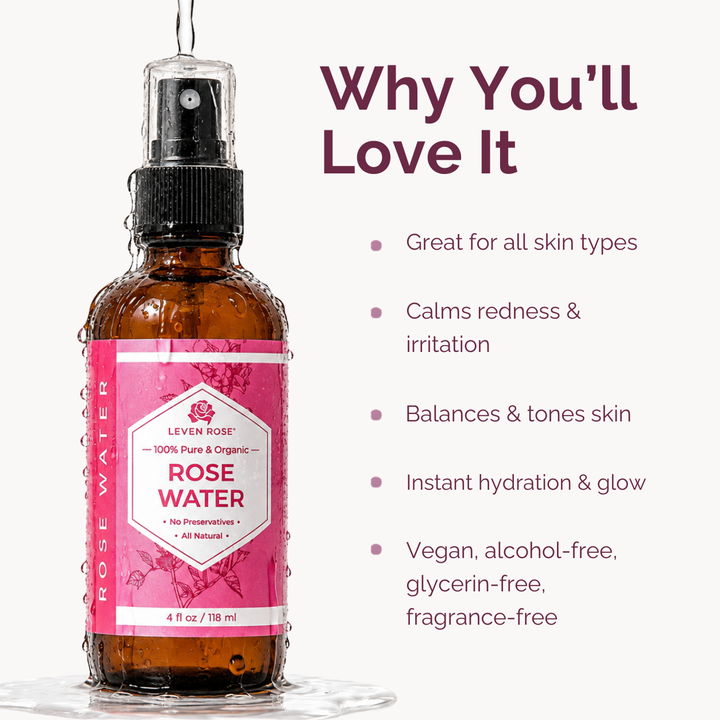 A bottle of Leven Rose Rose Water spray shown on a light background with marketing text listing benefits such as suitability for all skin types and calming redness and irritation.